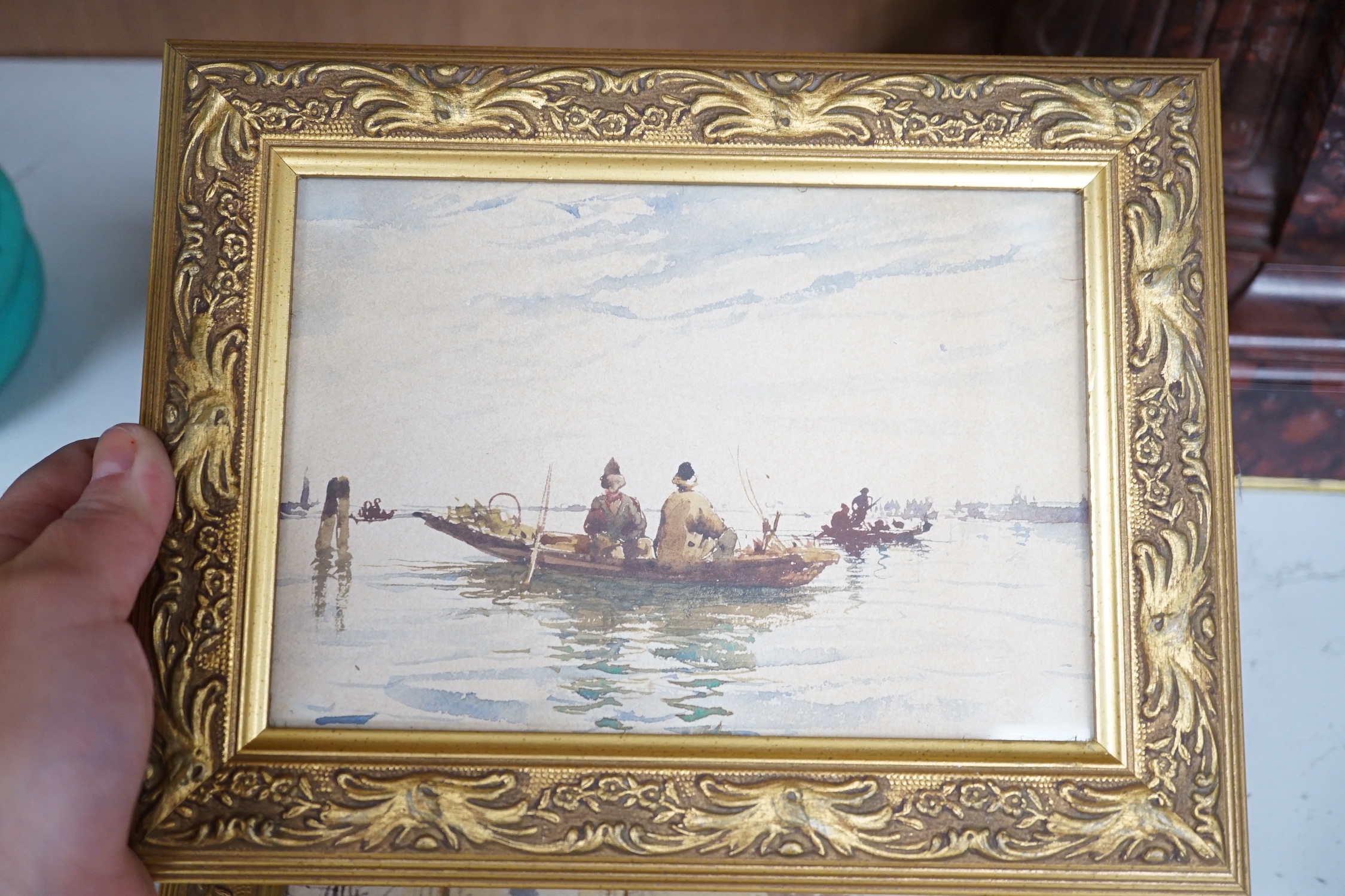 Attributed to Giuseppe Canella (1837-1913), three watercolours, Shipping in harbour and fishermen off Venice, one inscribed, 11.5 x 16.5cm